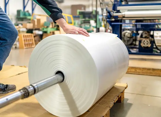 A person touches a large roll of white material on a spindle in an industrial setting, surrounded by machines. The scene conveys a sense of production and craftsmanship.